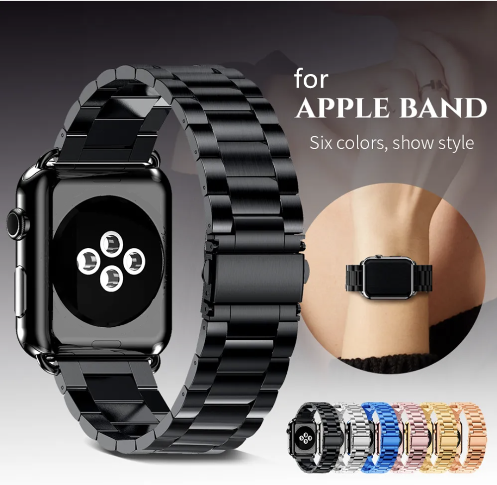 Stainless Steel Strap Wristband For Apple Watch Series 10 42mm 46mm Metal Watchband Three Bead Link Bracelet Band for iWatch Series 4 5 7 8 9 Size 40mm 44mm 41mm 45mm 49mm