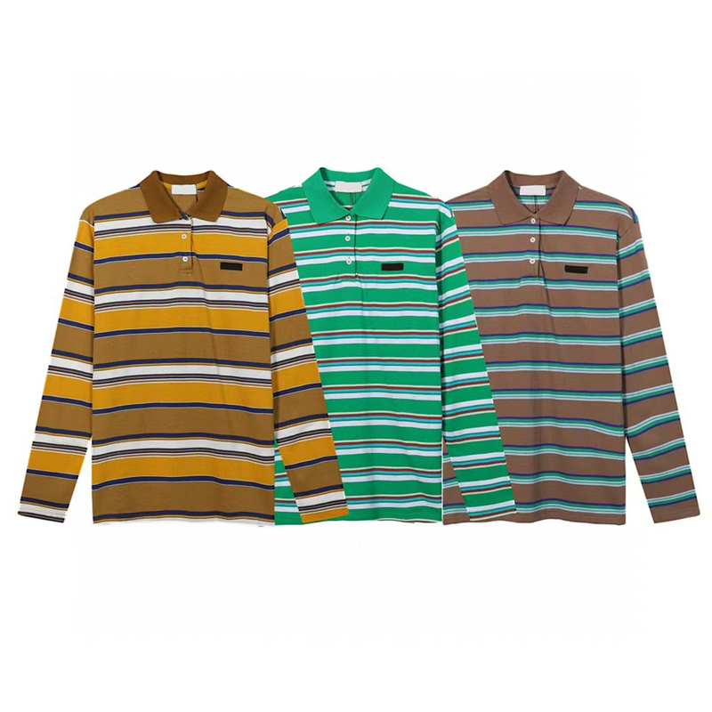 Designer tshirt Tshirt fashion long sleeve polo collar green stripe pure cotton college style women shirts versatile casual loose womens t shirt skirt