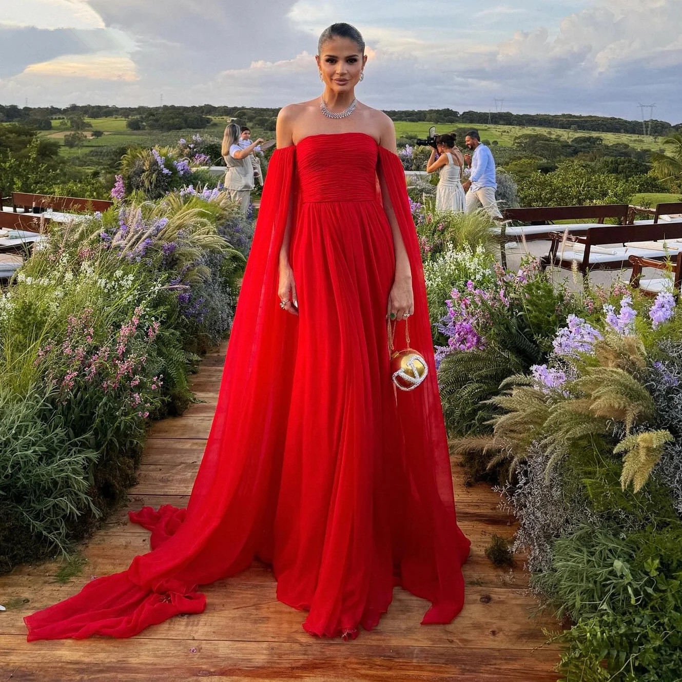 Red Chiffon Formal Prom Dresses Off The Shoulder Long Sleeves Special Occasion Event Party Gowns Evening Dress 2024