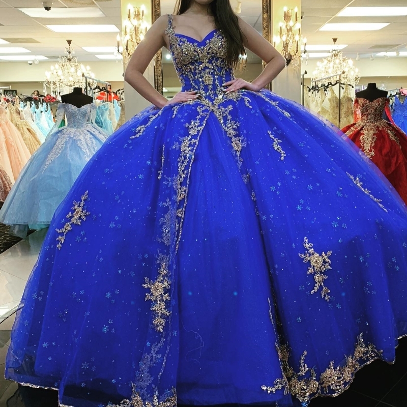 Royal Blue Shiny Quinceanera Dresses With Cape Ball Gown Sweetheart Gold Applique Beading Tulle Lace-Up Party Princess Sweet 16 Dress