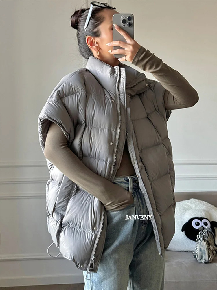 Janveny y Autumn Loose Inflatable Sleeveless Tank Top Womens Turtle Neck Zipper Warm Light White Duck Down Coat 240910