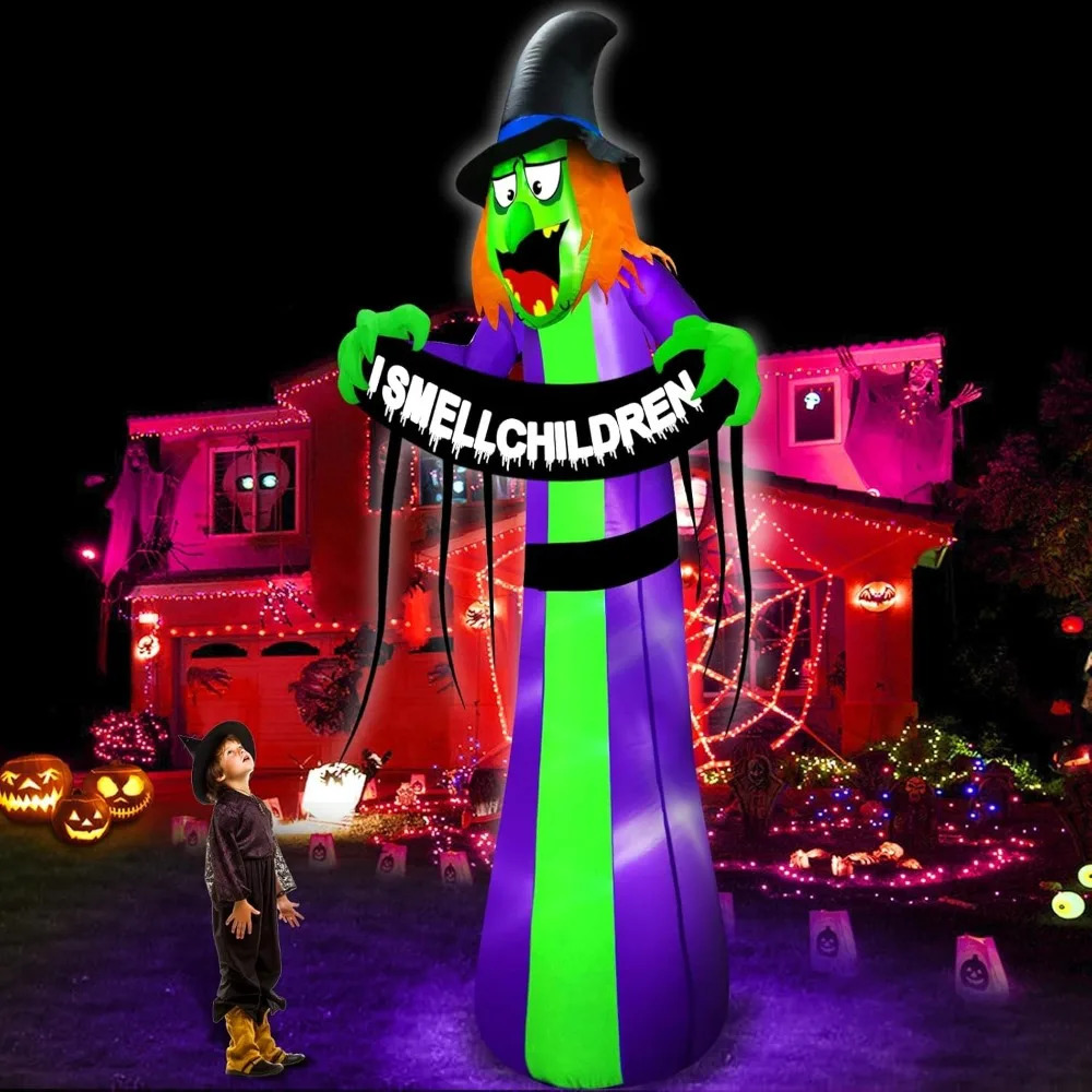 8-Foot Giant Halloween Inflatable Witch Outdoor Decoration Terrifying Witch Holding Me Smelling Childrens Banner LED Lights Blowing Up 240909