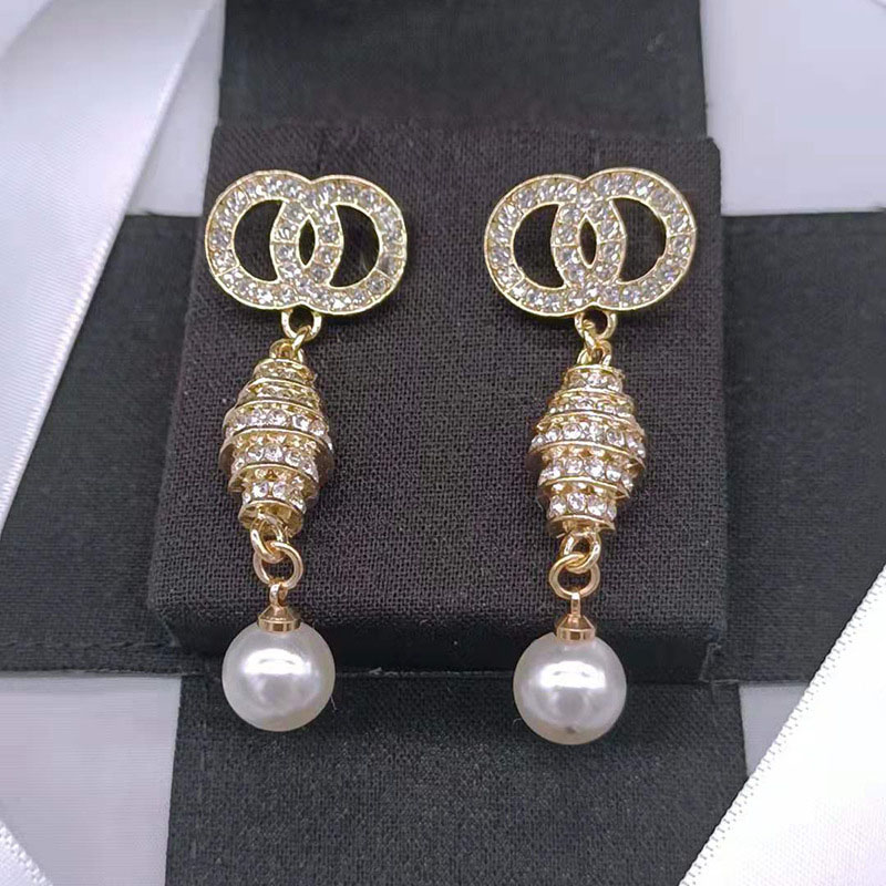 Simple Gold Plated Luxury Round Designers Letters Stud Metal Geometric Famous Women 925 Silver Crystal Rhinestone Pearl Long Earring Wedding Party Jewerlry Gifts