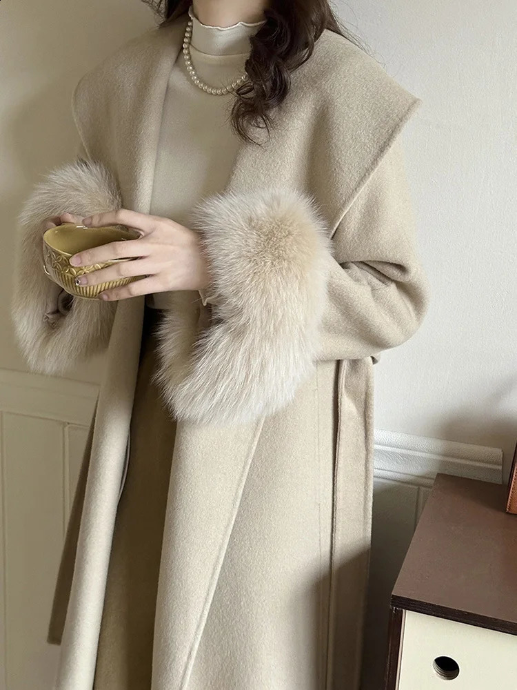Lanmrem Fox Fur High end Wool Coat Womens Big Collar Double sided Belt Coat Womens Clothing Winter 2DA2595 240909