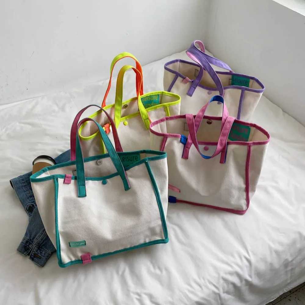 Vegan Canvas Tote Bags Women Fashion Versatile Hasp Contrast Handbags Ladies Simple Casual Large Capacity Shopping Shoulder Bag Z240910