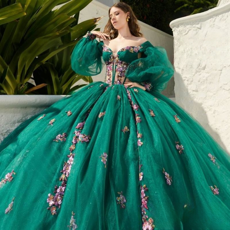 Green Shiny Quinceanera Dresses Ball Gown Puff Sleeve 3D Flowers Applique Beading Crystals Corset Sweet 16 Dress Vestido De 15 Anos