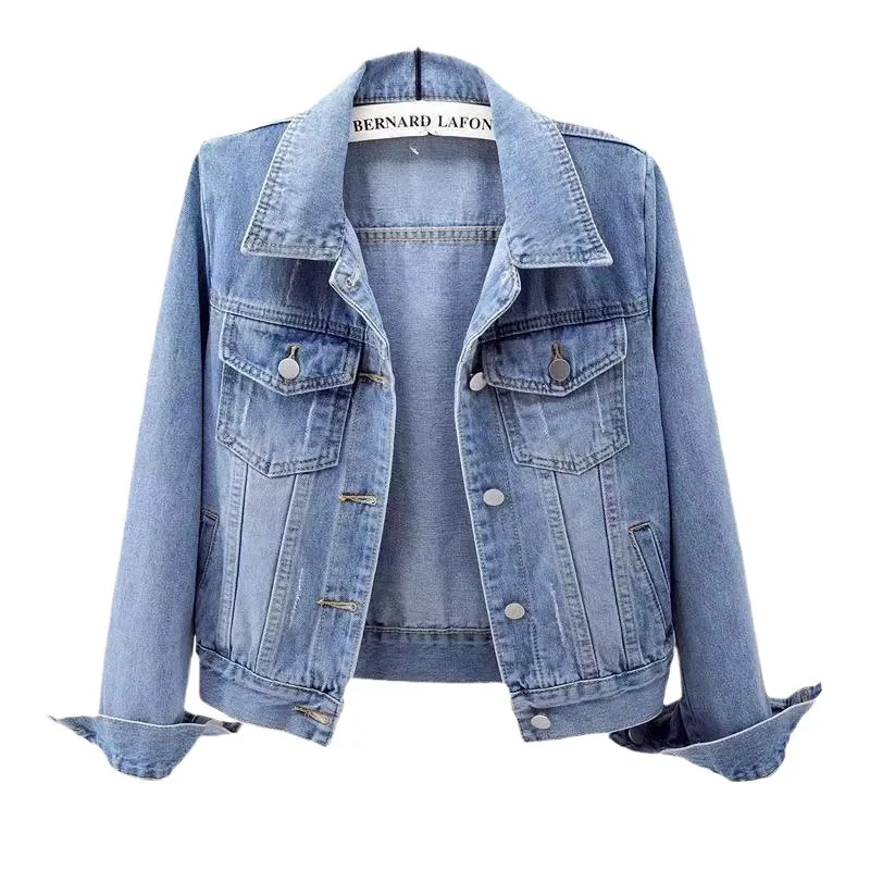 2024 Spring Autumn New Denim Jacket Women's Cropped Versatile Slimming Long Sleeve Solid Color Student Top Sihouette Smoothers