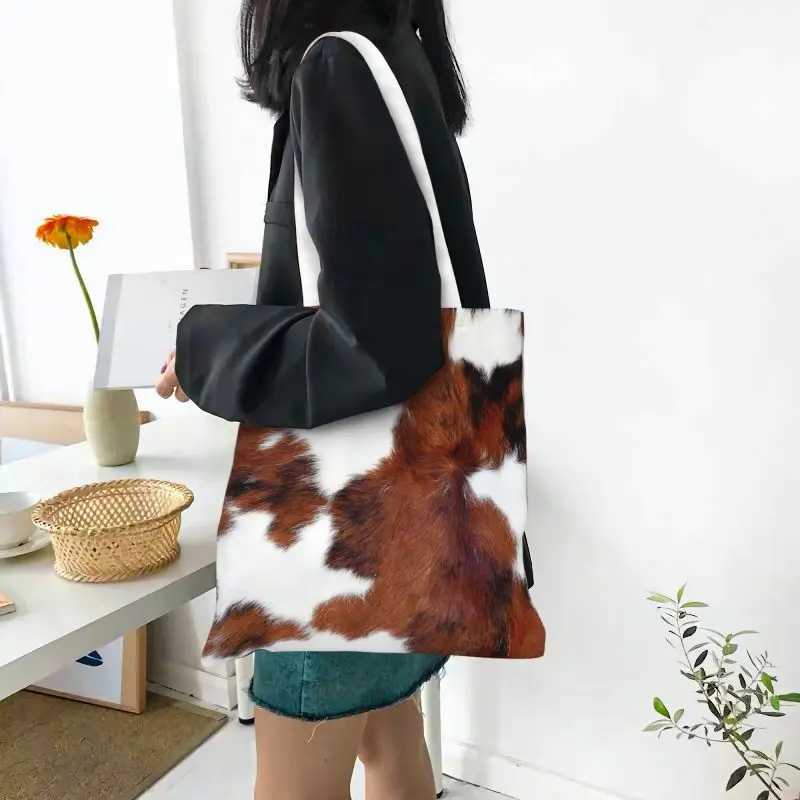 Spotted Brown Farm Animal Skin Grocery Tote Shopping Bags Cow Fur Cowhide Texture Printing Canvas Shoulder Shopper Bag Handbags Z240910