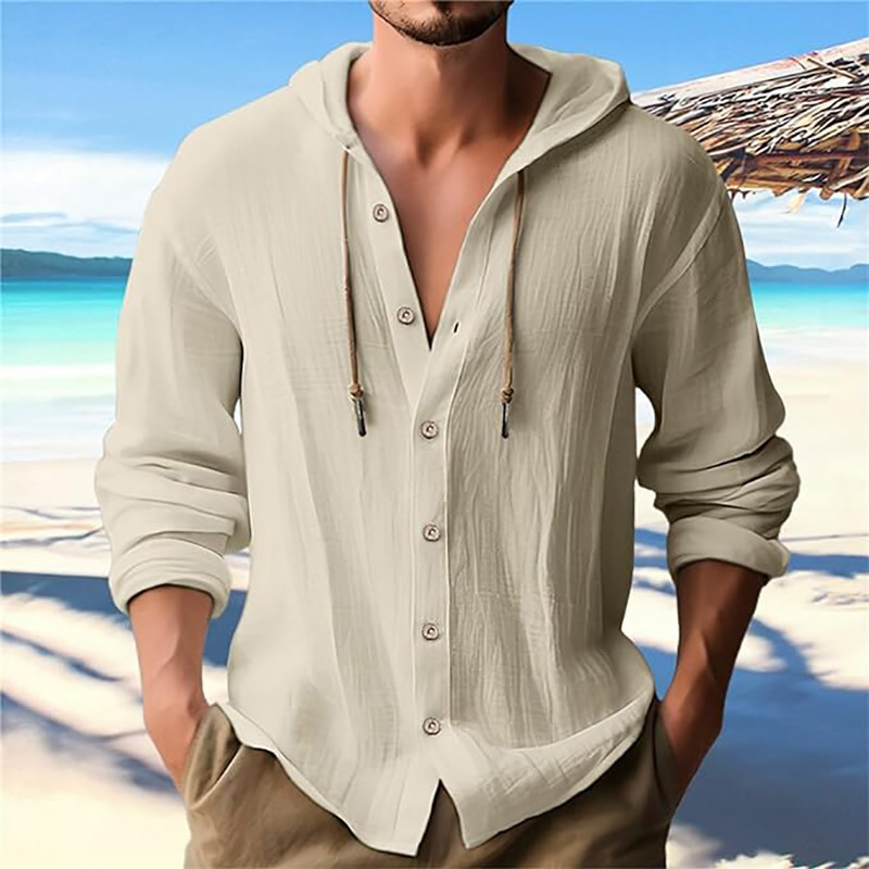 Mens Long Sleeve Hawaiian Shirt Summer Casual Shirts For Men Cotton Linen Hoodies Casual Button Down Hooded Top Beach Hippie T shirt Plus Size 3xl des