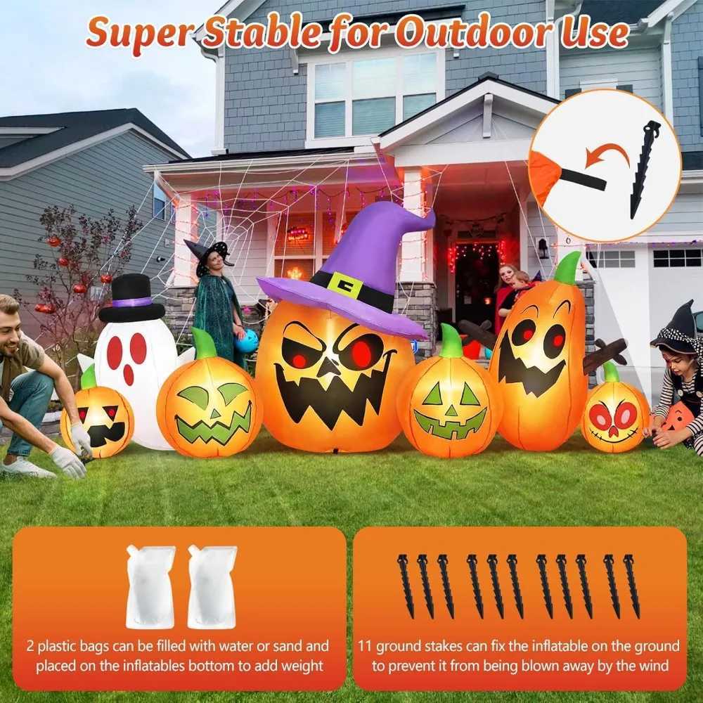 8-foot long Halloween inflatable outdoor decoration haunted inflatable pumpkin with witch hat and ghost combination blowing courtyardX240910