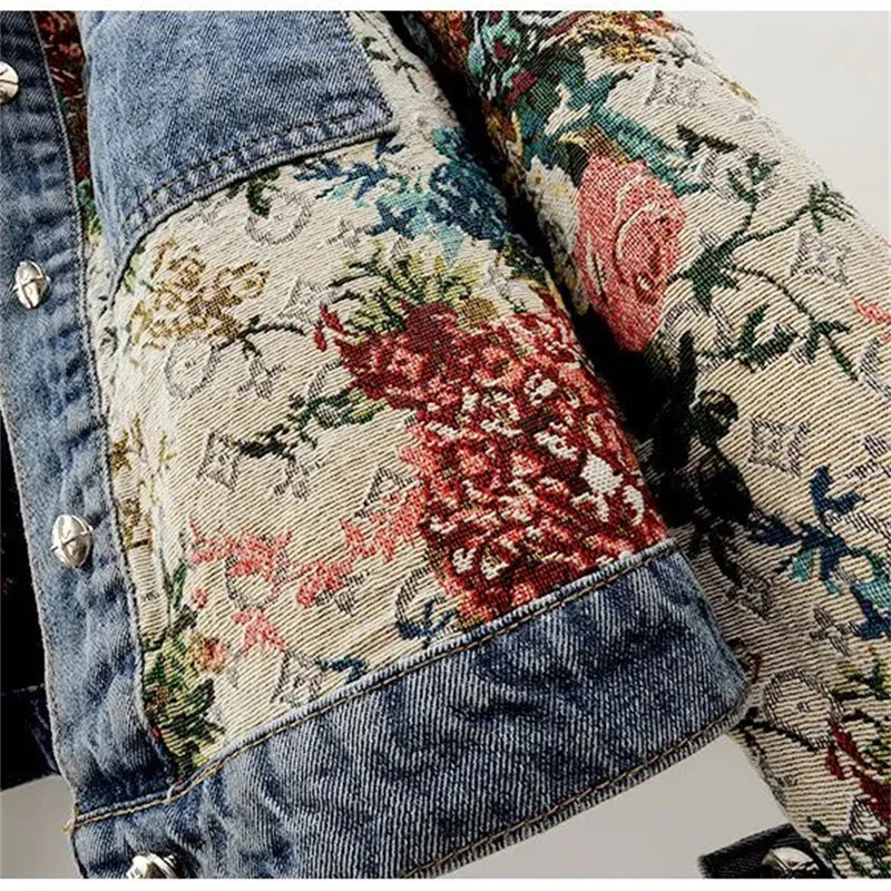 2024 Spring Autumn New Print Denim Jacket Splicing Long Sleeve Lapel Pocket Denim Tops Women's Short Jacket Fashion Cowgirl Coat