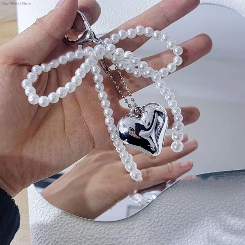 Korean Sweet Pearl Bow Keychain Heart Pendant Keychain Y2K Fashion Keyholder Girls Bag Pendant Accessories ww 240914