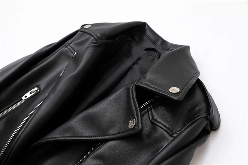 ZVRI Spring/Summer Artificial Leather PU Jacket with Womens Collar Motorcycle Jacket and Black Zipper Bicycle Jacket 240909