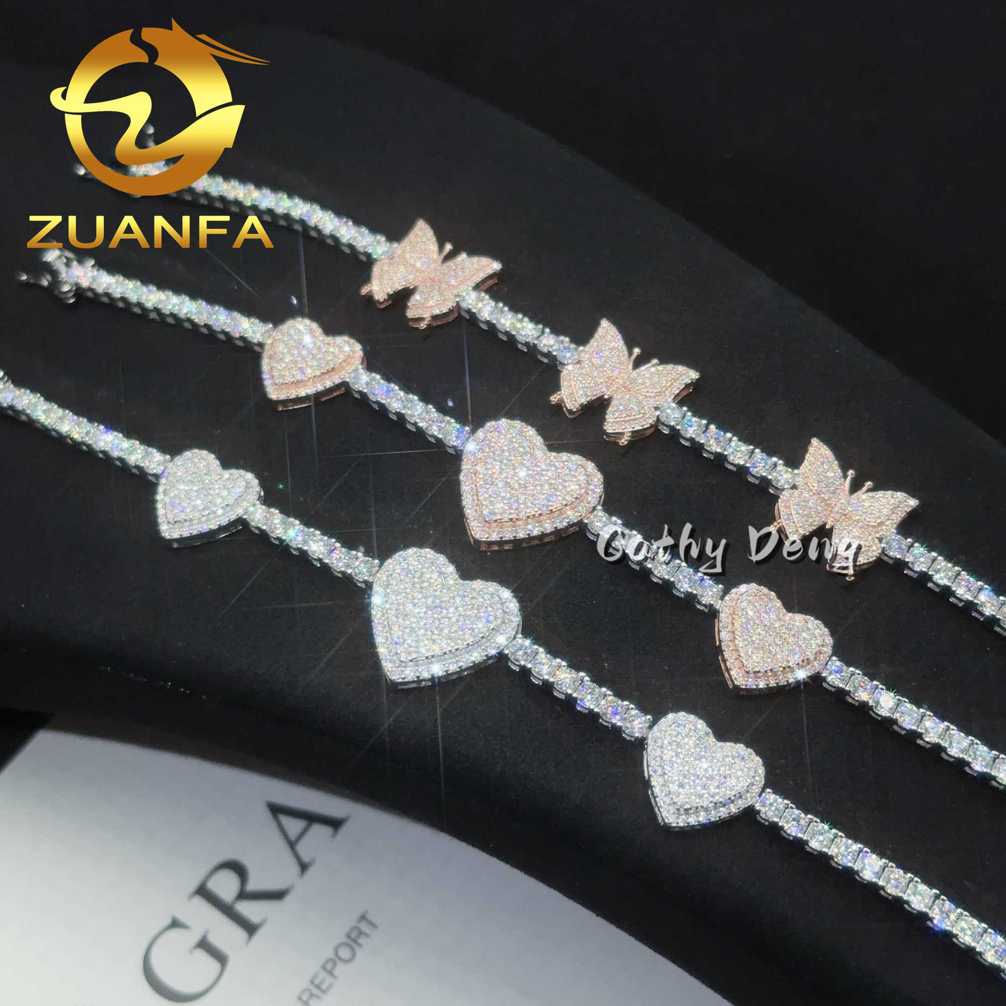 Iced out Jewelry 3mm Moissanite Tennis Heart Butterfly Hip Hop Sier Bracelet VVS moissanite tennis chain