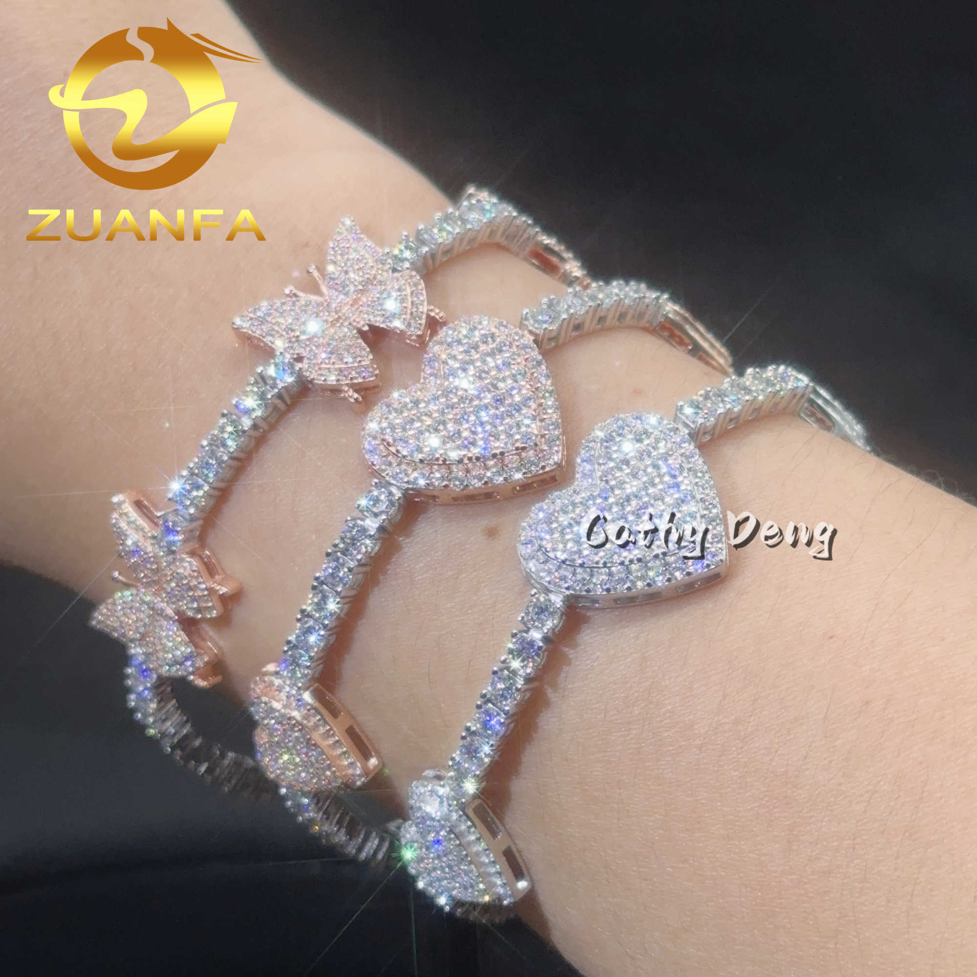 Iced out Jewelry 3mm Moissanite Tennis Heart Butterfly Hip Hop Sier Bracelet VVS moissanite tennis chain