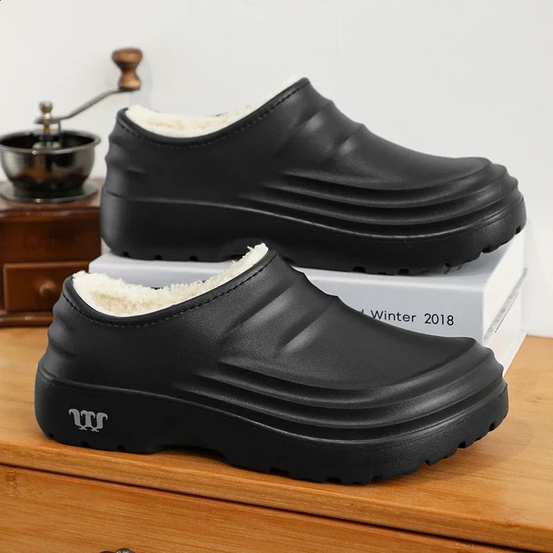 Mens garden shoes womens chef shoes winter warm chloroprene rubber waterproof kitchen slippers anti slip household slippers 240914