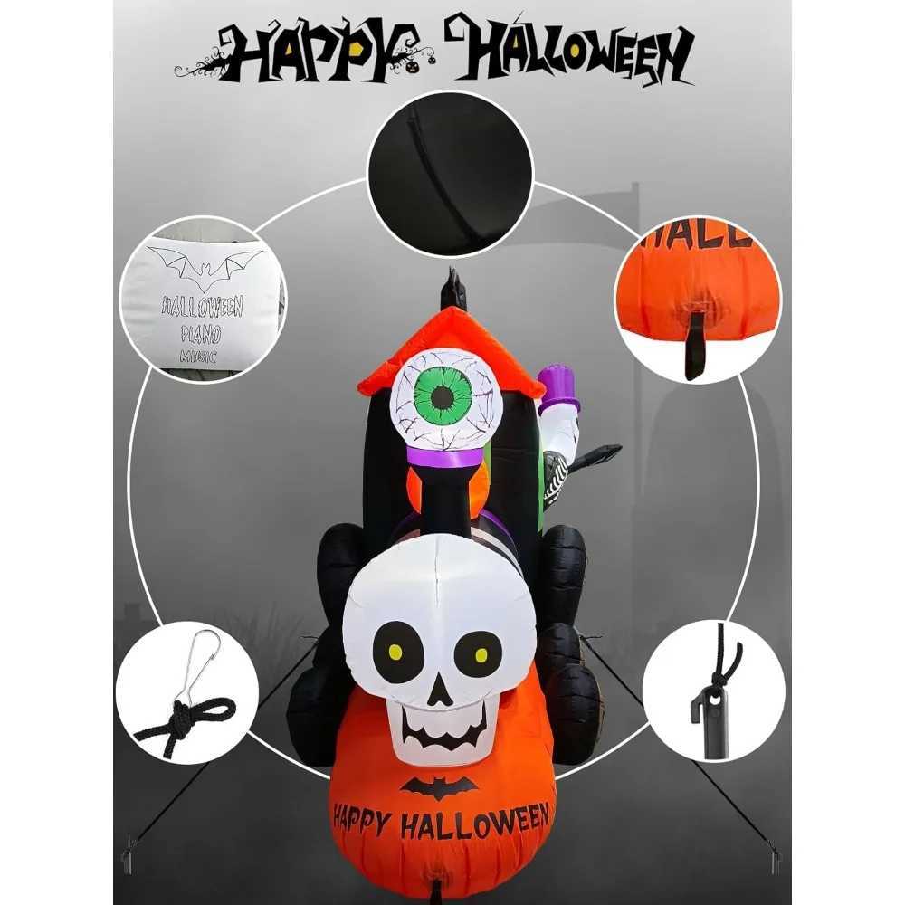 Halloween inflatable decoration blowing skeleton riding train ghost pumpkin with terrifying sounds built-in lights 13 feetX240910