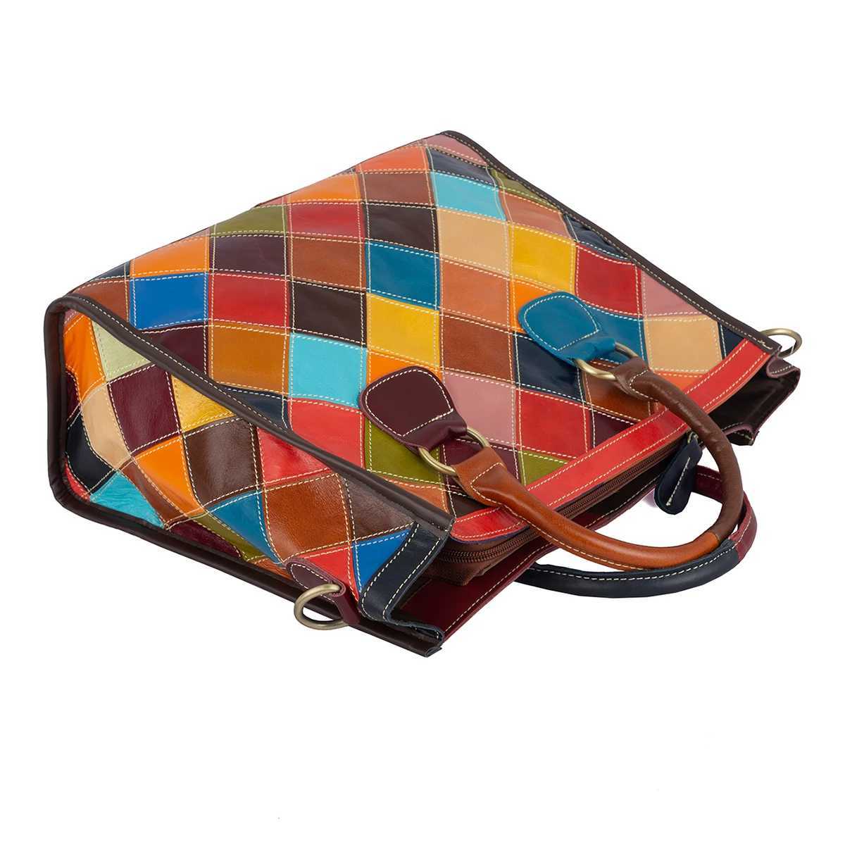CMM Oil Wax Leather Cowhide Plaid Splicing Color Random Contrasting Casual Personality Handbag Tote Bag Women s 240910