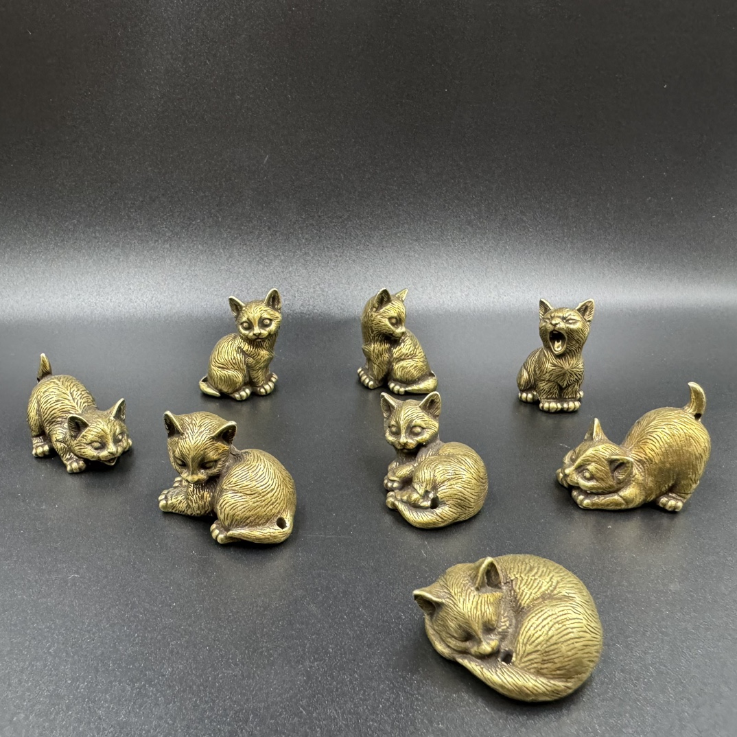 8 styles Brass Cute Cat figurines Miniature tabletop ornaments Classical small animal home decoration accessories