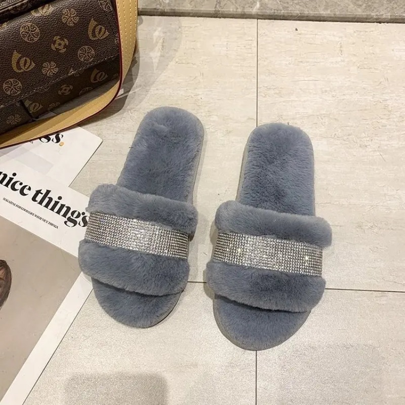 Winter Rhie Women Warm Fur Slippers Cozy Fluffy Furry Slides Crystal Flat Indoor Design Home Shoes Ladies 43