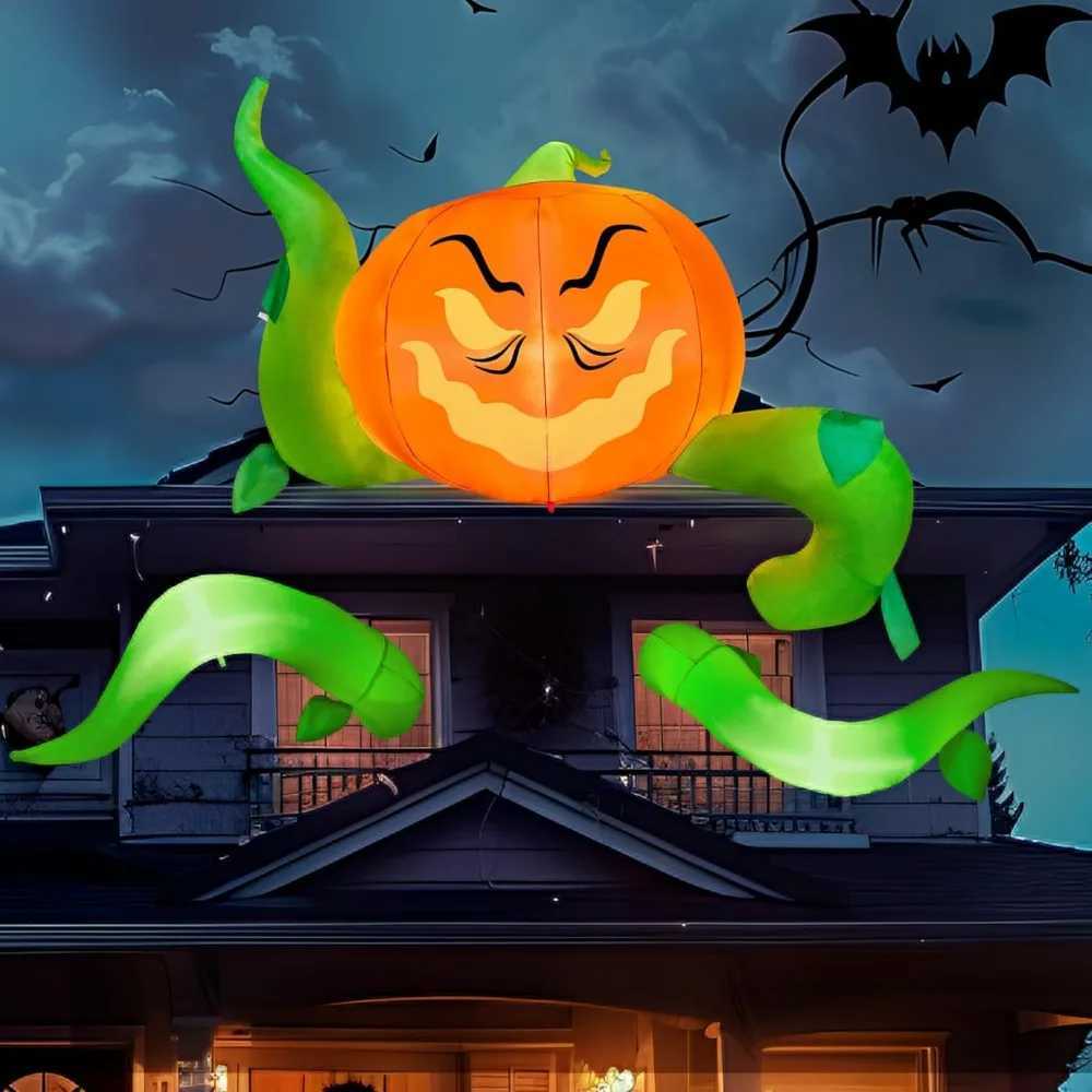 Halloween window decoration with built-in LED inflatable pumpkin head with tentacles and Halloween party supplies on the outsideX240910