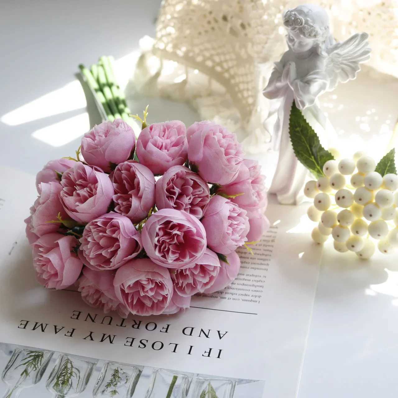 Rose Peony Artificial Flower Silk Bouquet 27 Roses Table Vase Arrangement Fake Flowers Family Wedding Decoration Flowers X240910