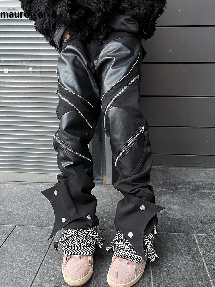 Mauroicardi Spring Autumn Long Black Patchwork Pu Leather Pants Men with Many Zippers Clothing Trousers Fashions 240905