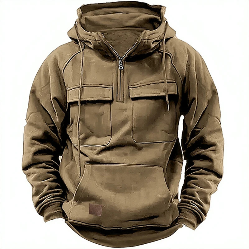 Mens casual hooded sweatshirt with solid color zipper collar and multiple pockets combat workwear top outdoor sports zipper 240909