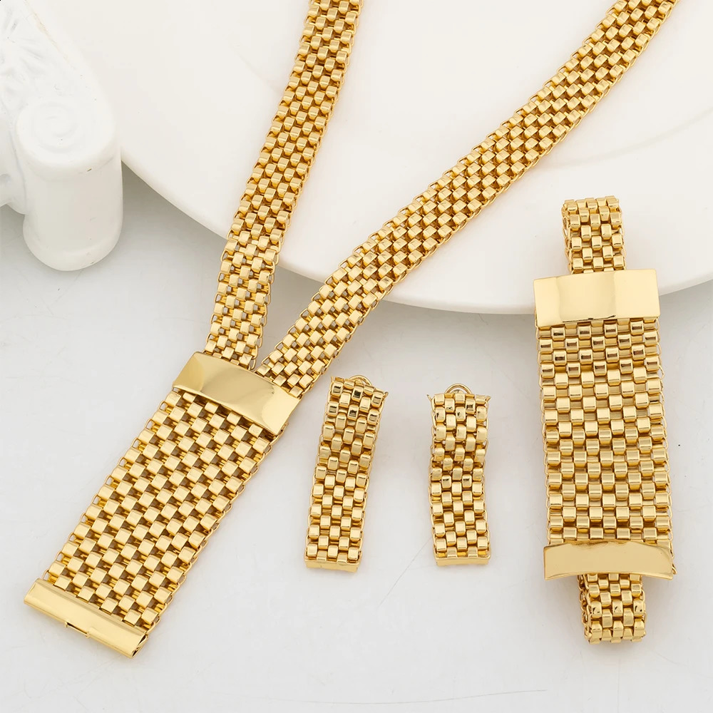18k Gold Plated Jewelry Set for Women Wedding Italian Jewellery Bride Necklace Earring Bracelet African Jewelry Accessory 240903