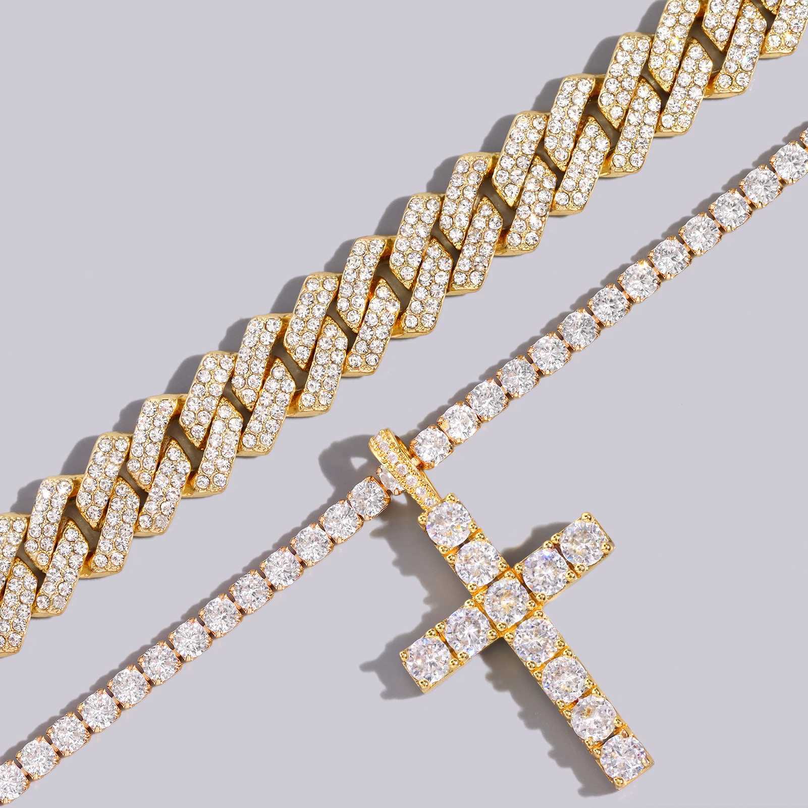 2 Iced Out Row Cuban k Necklace - 2Pcs Cross Tennis Chain for Men & Women 4 Neclace Pcs