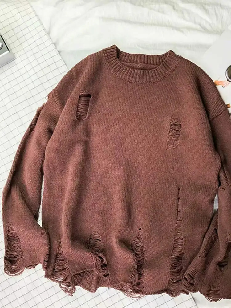 Spring and Autumn Mens Knitted Sweater with Large Tear Hole Irregular Fashionable Retro Long Sleeve Round Neck Loose Pulling 240907