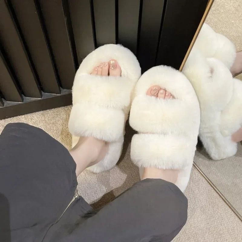 Women Thicken Plush Fur Slippers Winter Slip on Chunky Platform Loafers Mules Woman Thick Bottom Cotton Slippers Flip Flops 240910