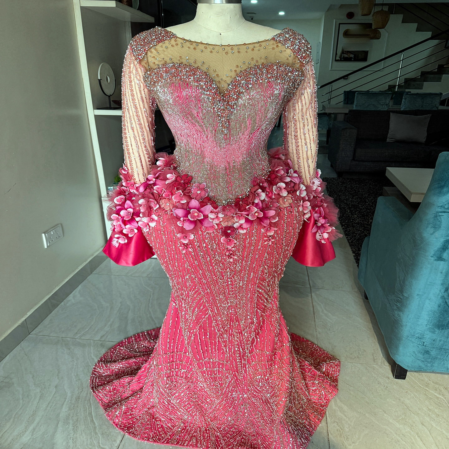 2024 Aso Ebi Arabic Fuchsia Mermaid Prom Dress Beaded Rhinestones Flowers Evening Formal Party Second Reception Birthday Engagement Gowns Dresses Robe