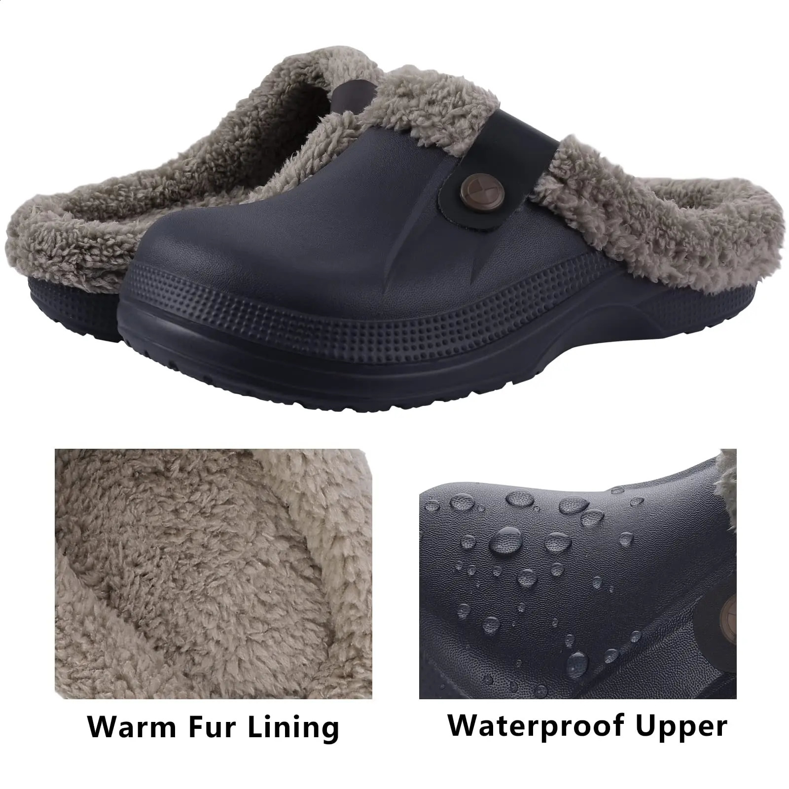 Comwarm winter collar slippers mens waterproof garden shoes home fur slippers soft plush slippers bedroom fuzzy shoes indoor and outdoor 240919