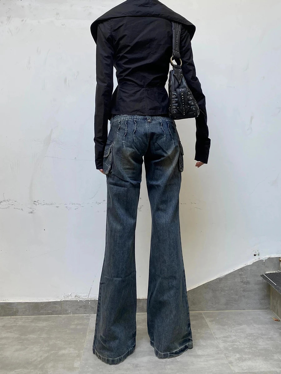 REDDACHiC Grayu Y2k Women Wide Leg Cargo Jeans Multi-pocket Flare Low Waist Distressed Ripped Bootcut Pants Vintage Streetwear 240906