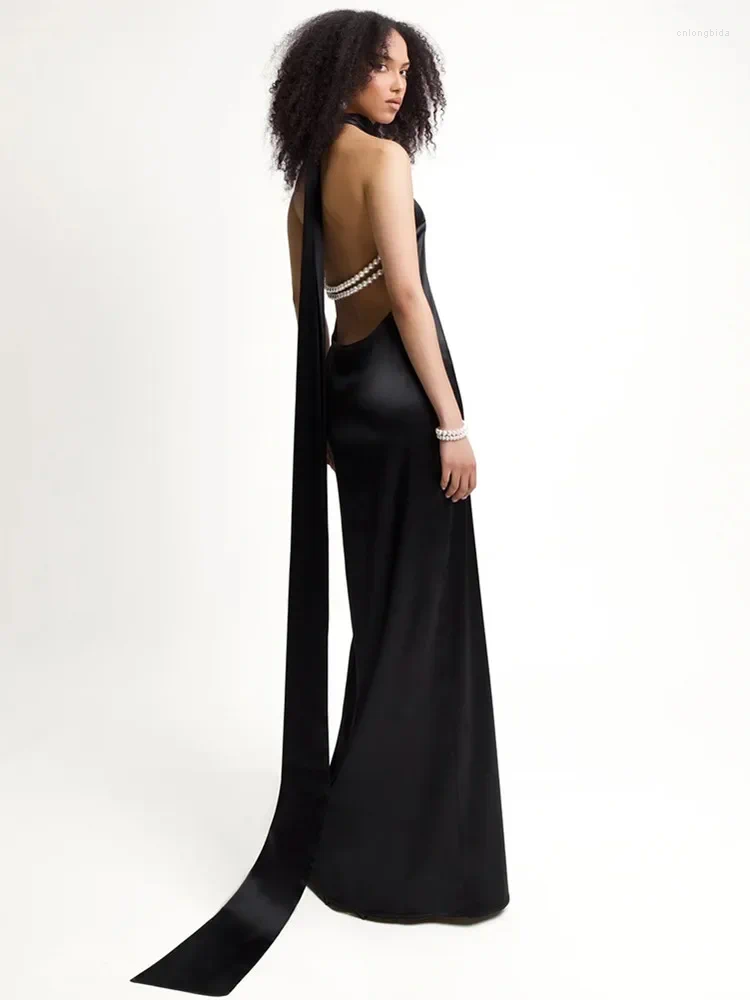 Casual Dresses Chic Women Celebrity Sexy Backless Halter Pearl Black White Maxi Long Bodycon Dress Elegant Evening Club Party Outfit