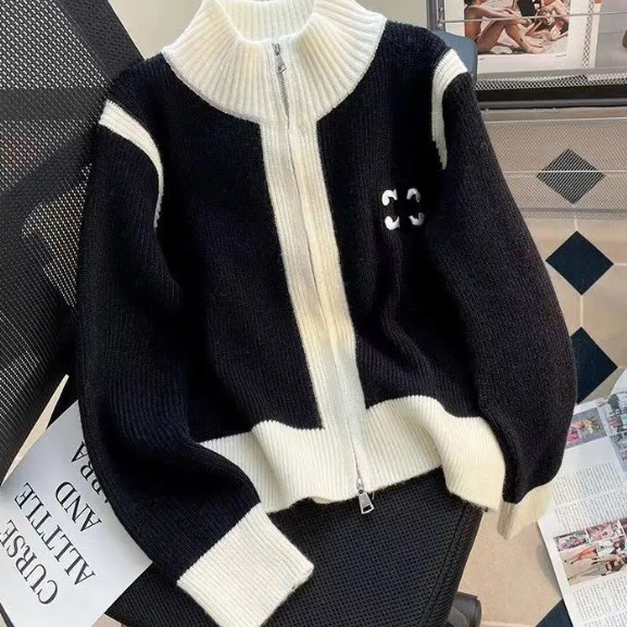 Embroidered double zipper stand collar knit cardigan womens autumn coat new color matching casual long sleeve sweater top CRG2409109F8