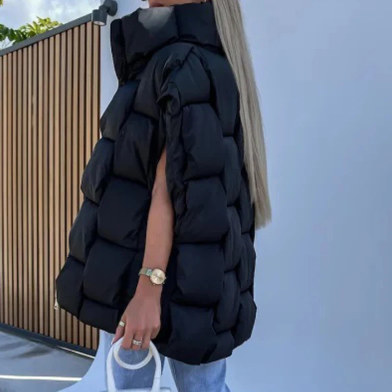 Fashionable Womens Zipper Stand Up Collar Padded Jacket Fashionable Warm Cotton Autumn Solid Sleeveless Vest 240910