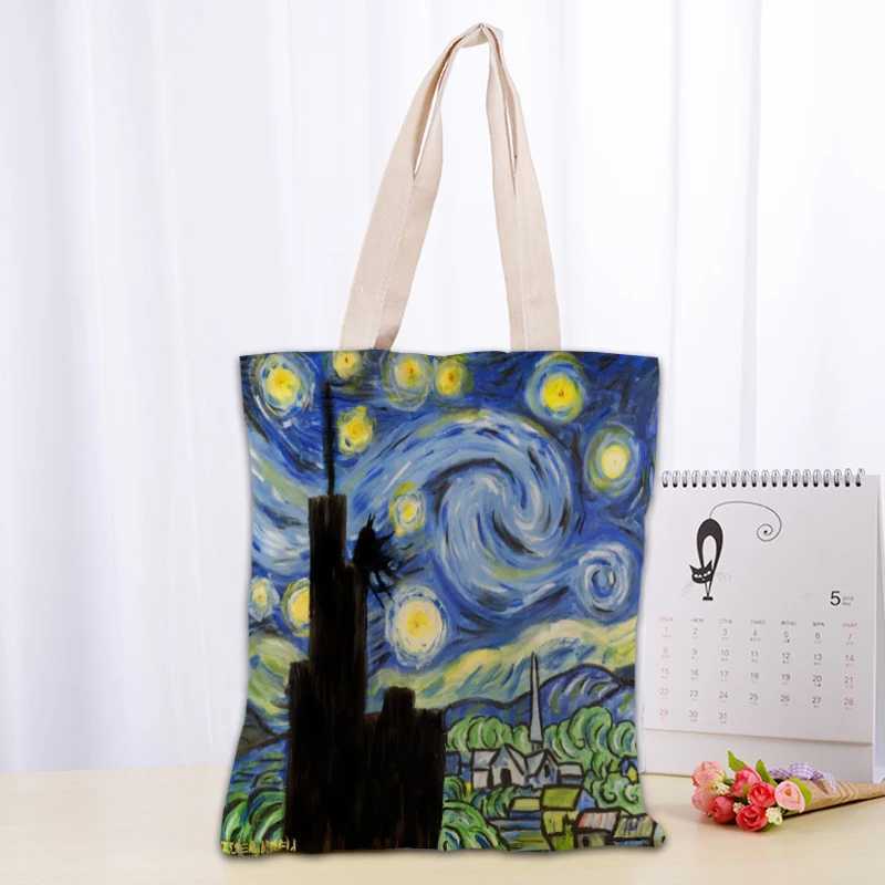 PT011,Van Gogh The Starry Night Tote Canvas Fabric Eco Reusable Shopping Bags Traveling Beach Casual Useful Shoulder Bag Z240910