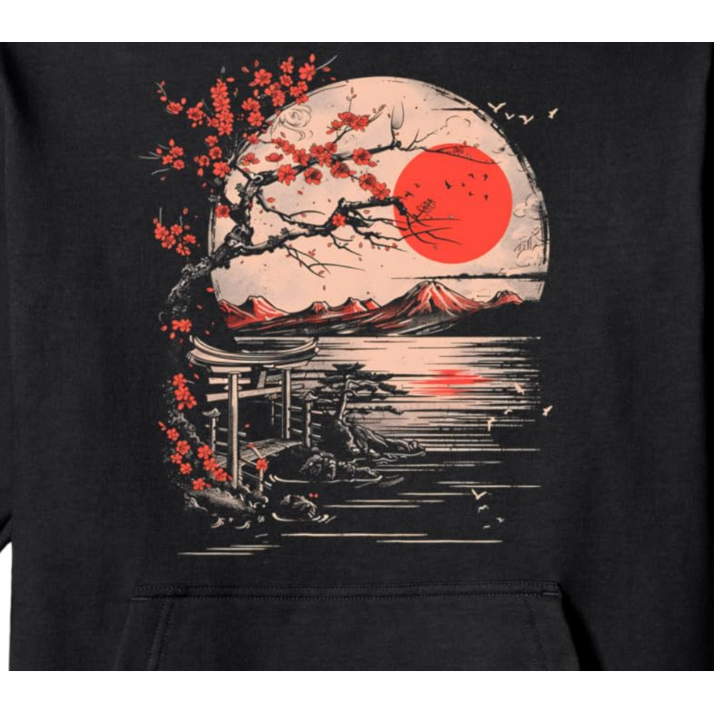 Long Sleeve Shirts for Men sweatshirt Japanese Art Sunset Mountains Aesthetic Japan Blossom Tree Pullover Hoodie T shirt Tee Streetwear Casual tops cl