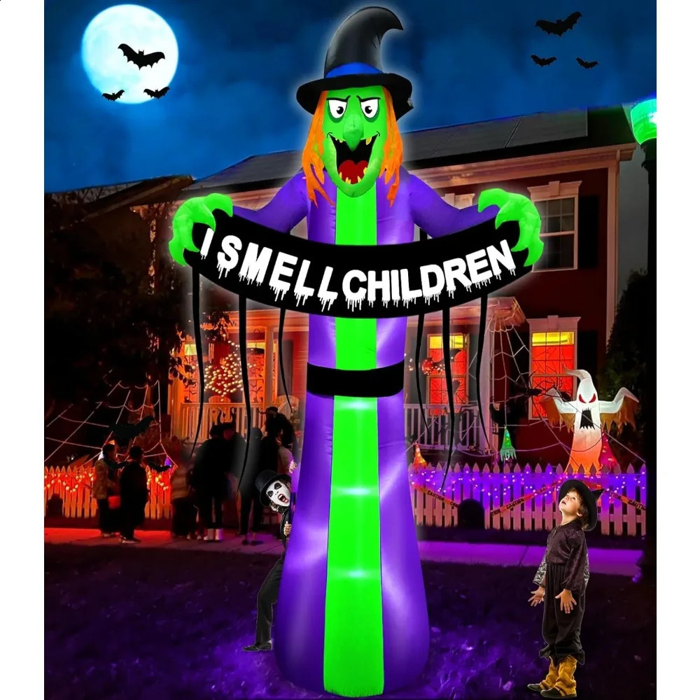 8-Foot Giant Halloween Inflatable Witch Outdoor Decoration Terrifying Witch Holding Me Smelling Childrens Banner LED Lights Blowing Up 240909
