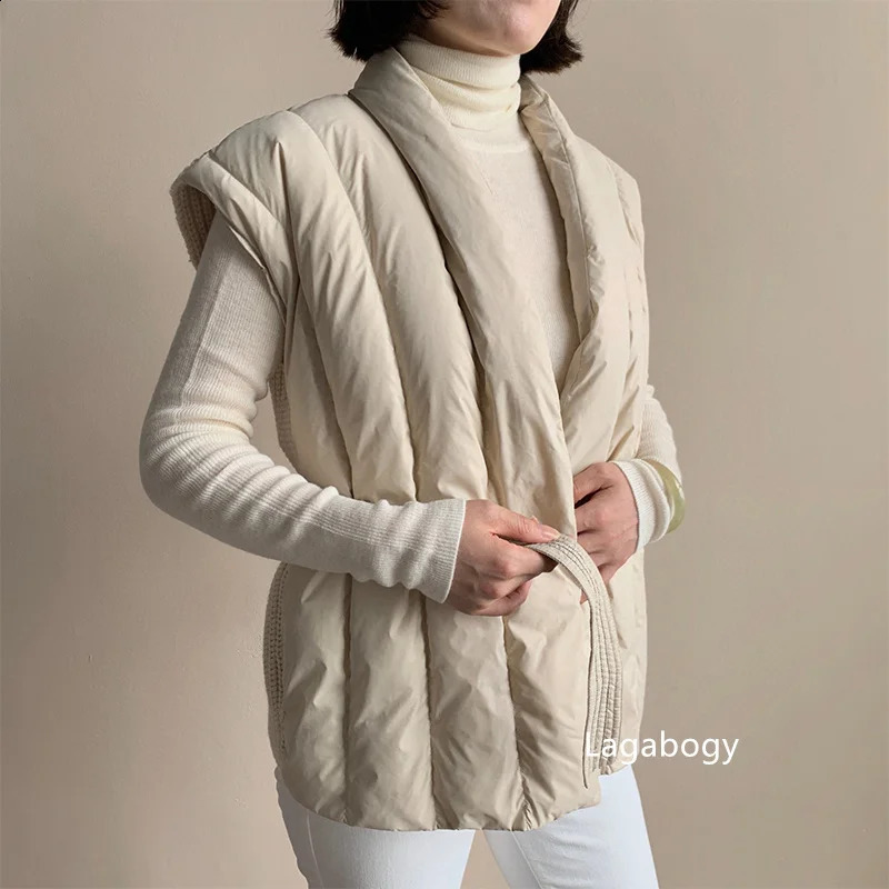 Lagabogy Winter Womens 90% White Duck Down Tank Top Knitted Splicing with Vneck Waist Coat Lace Padded Sleeveless 240910