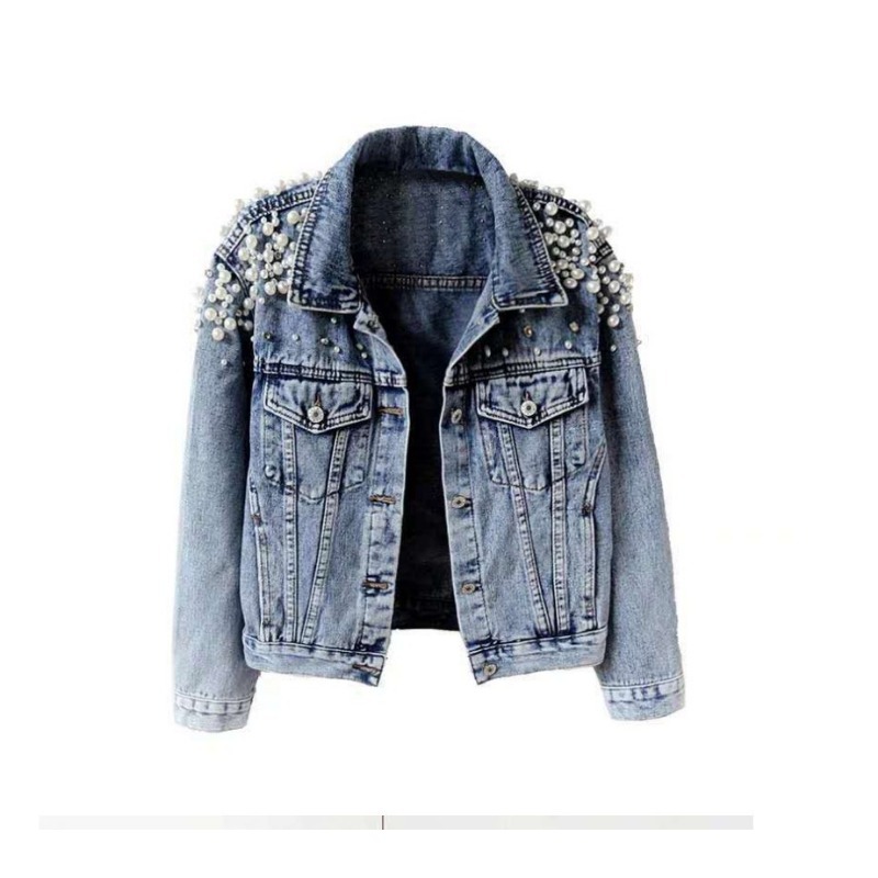 Spring and Autumn New Heavy Industry Beaded Denim Jacket Women's Short Long Sleeve Fashion Jacket Large Pearl Denim Jacket