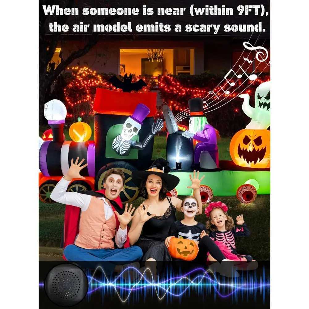 Halloween inflatable decoration blowing skeleton riding train ghost pumpkin with terrifying sounds built-in lights 13 feetX240910