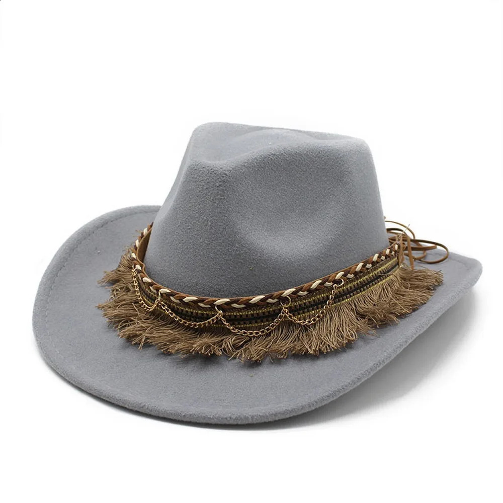Womens and Mens Tassel Jazz Hat Wool 57-58cm Ethnic Style Curve Brim High Quality Cowboy Hat NZ0062 240909