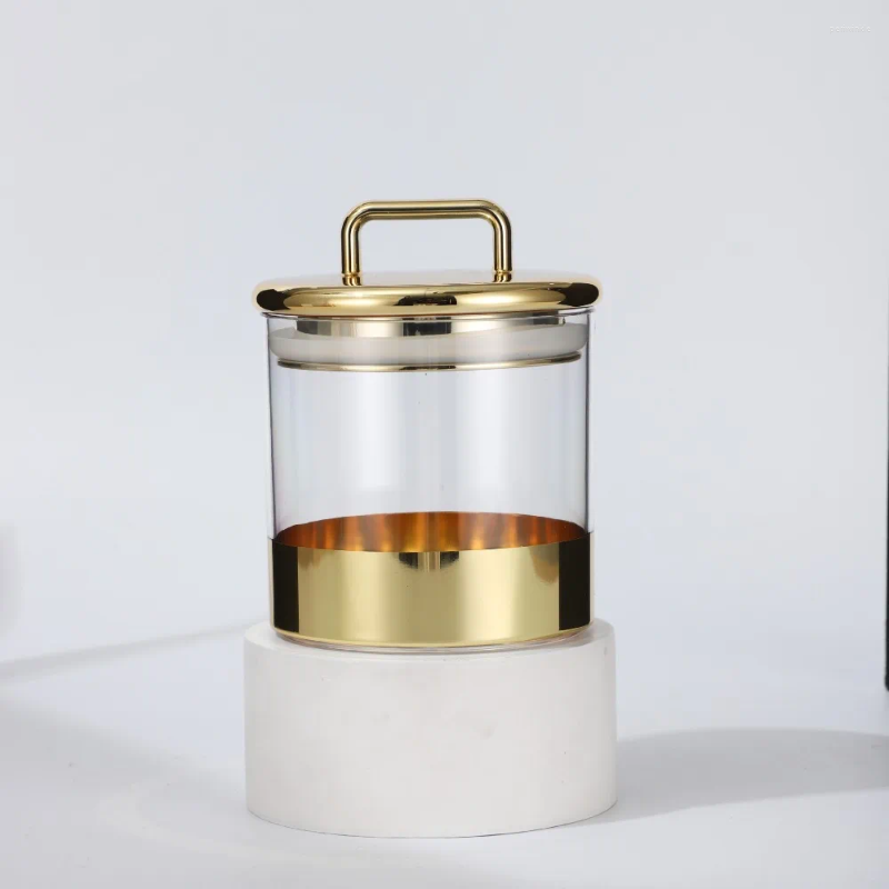 Storage Bottles Grains Moisture-proof Box Transparent Glass Dry Goods Jar Gold Cover Kitchen Household Sealed