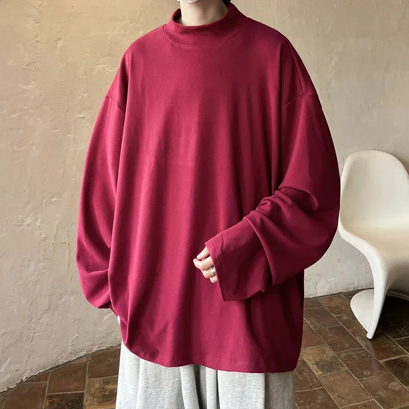 Autumn semi high neck solid color sportswear niche retro bottom shirt fashionable casual long sleeved mens clothing 240909