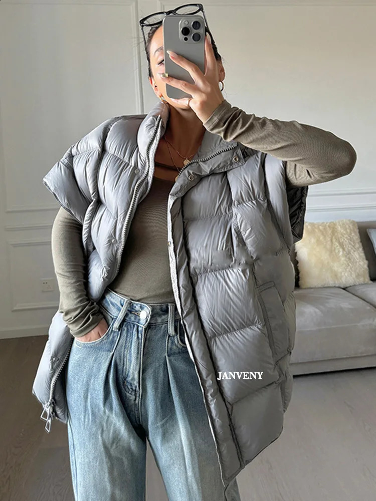Janveny y Autumn Loose Inflatable Sleeveless Tank Top Womens Turtle Neck Zipper Warm Light White Duck Down Coat 240910