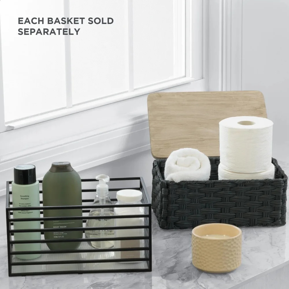 The black resin basket and natural wooden lid basket with woven n are easy to place just as clean as the Paulinian wooden lid is needed 240903