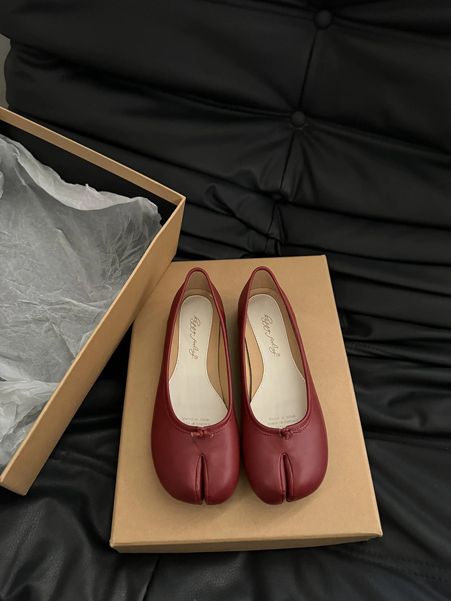 Bailamos Flats Tabi Ninja Round Split Toe Shallow Women Single Lazy Slip On Sgback Mules Leather Shoes Soft Loafe 240906
